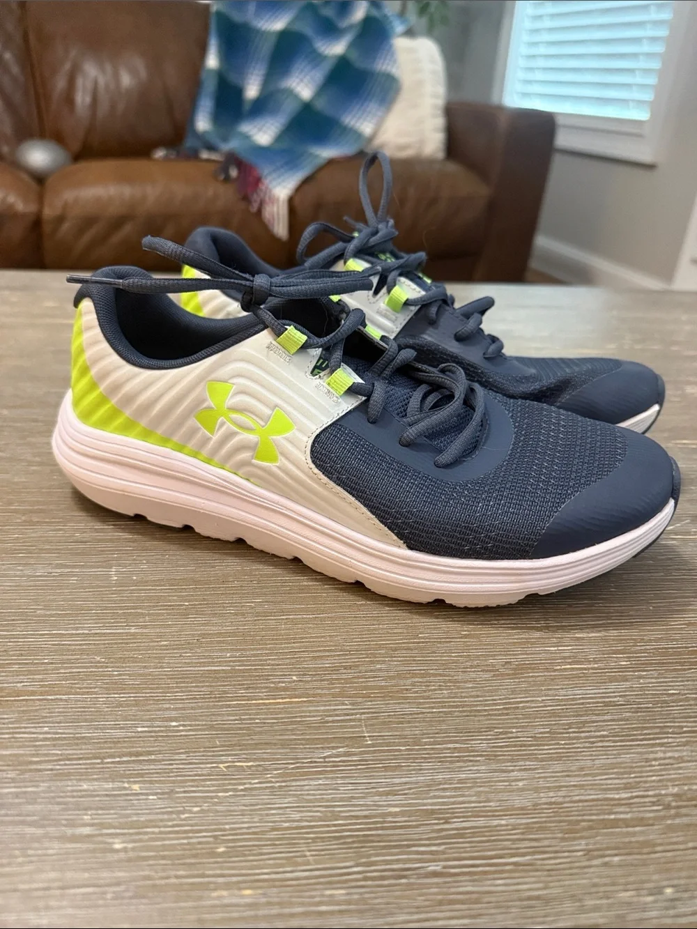 Under Armour Navy, White and Neon Green Kids Sneakers